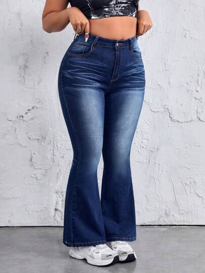 SHEIN ICON Women's Plus Size Denim Flared Pants