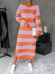 SHEIN Essnce 下垂肩條紋毛衣連衣裙,側面開衩 - 彩色 - 查看 3