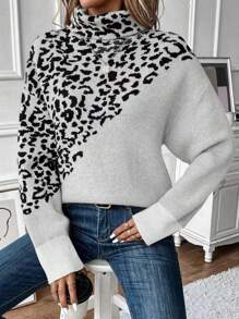 SHEIN LUNE Của phụ nữ In hoa Báo Cổ áo cao Áo len - Màu be - Xem 1