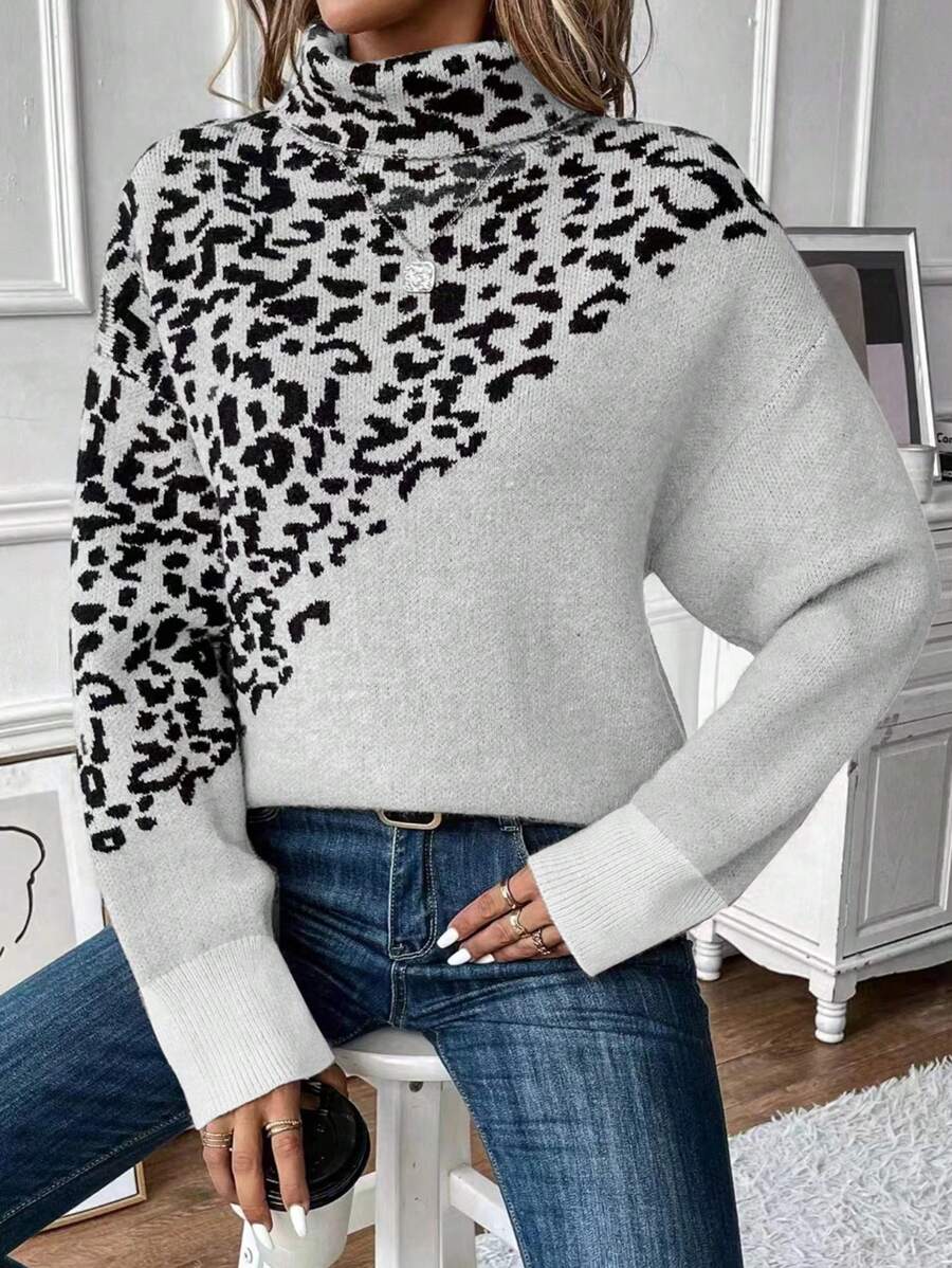 SHEIN LUNE Của phụ nữ In hoa Báo Cổ áo cao Áo len - Màu be - Xem 1