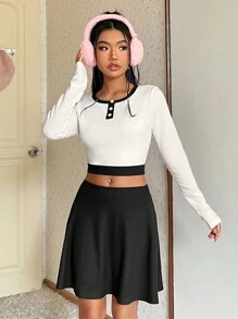 SHEIN EZwear Contrast Trim Cropped T-shirt And Skirt Set - Black and White - View 1