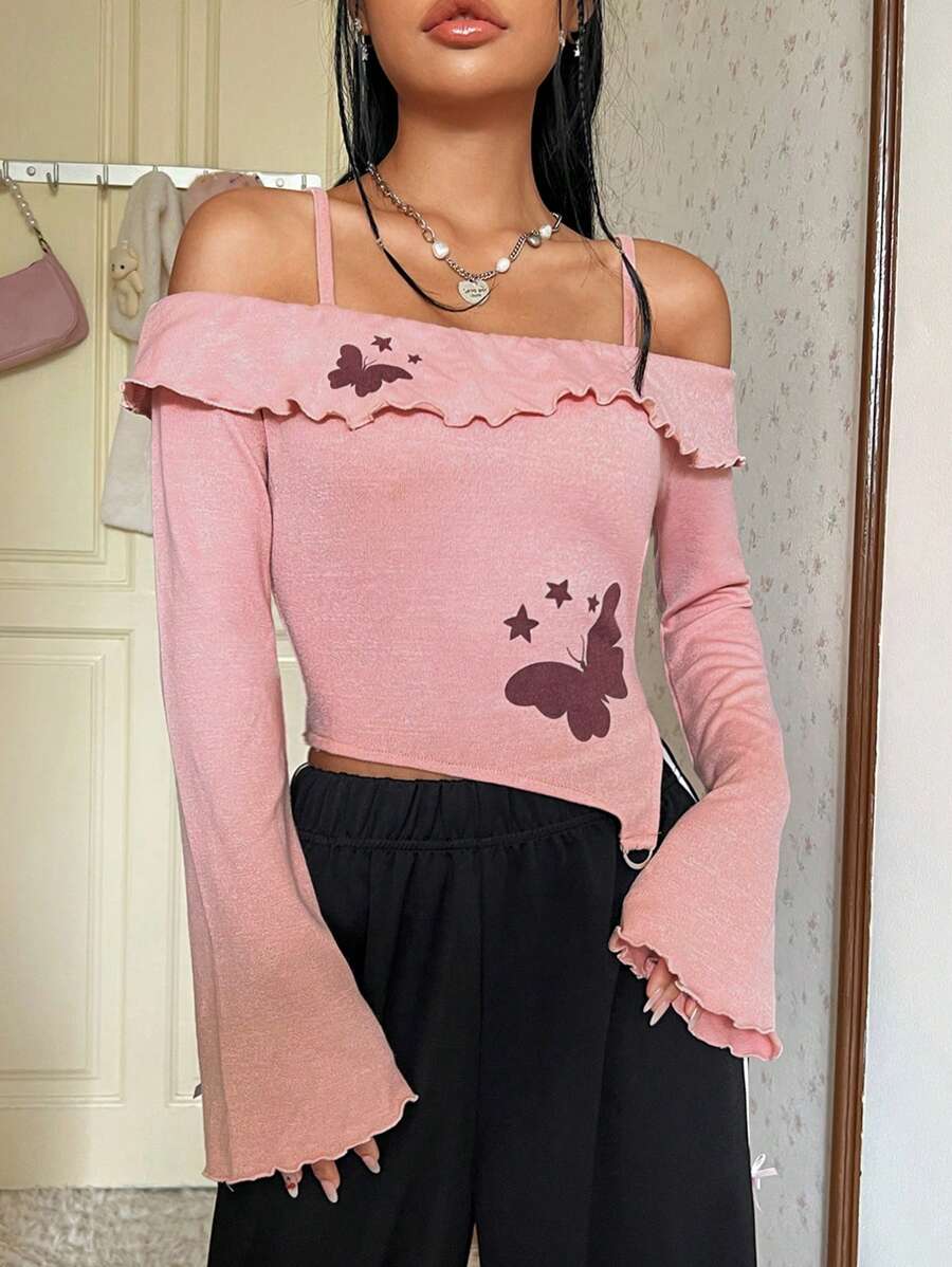 SHEIN MOD Women Butterfly Print Open Shoulder T-Shirt - Pink - View 1