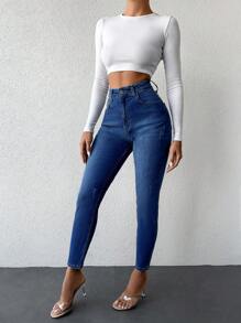 SHEIN PETITE Của phụ nữ Cao eo Thon gọn Quần jean - Rửa tối - Xem 4