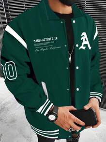 Manfinity Homme 男士大尺碼印花長袖夾克,標語設計 - 綠色 - 查看 1