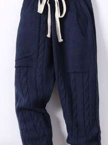 SHEIN Con trai Eo đàn hồi Lỏng lẻo phù hợp Giải trí Dây rút Dệt kim Quần - Màu xanh hải quân - Xem 5