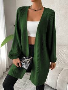 SHEIN Essnce 女士純色針織開衫 - 綠色 - 查看 3