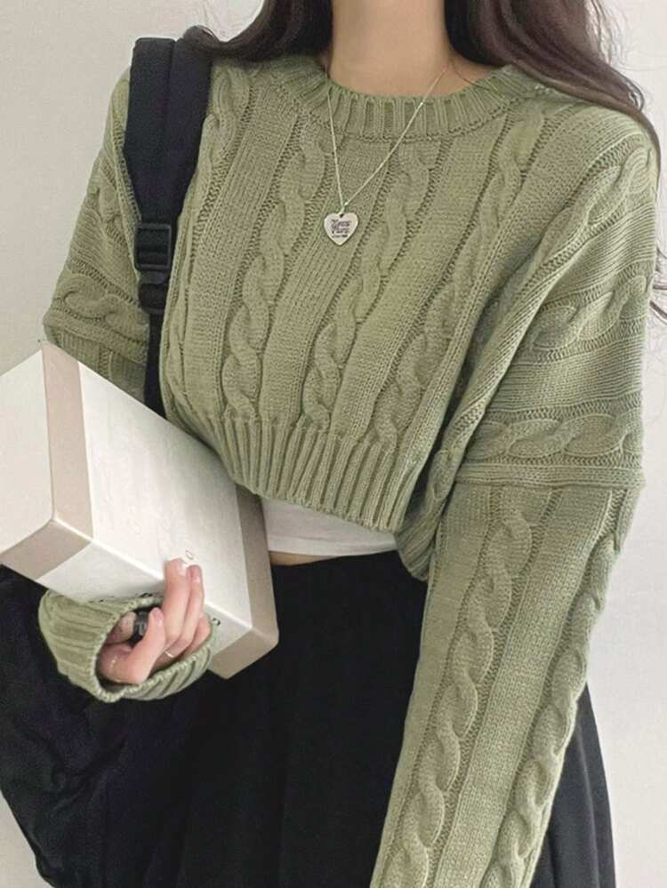 Women's Green Round Neck Pullover Knitted Sweater,Ladies Late Fall Casual Three Quarter Length Sleeve Loose Green Drop Shoulder Pullovers Women Sweaters,Three Quarter Sleeve Tops Crop Women Tops