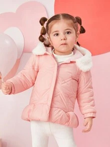 SHEIN 女童休闲保暖厚款保暖内衬连帽长袖夹克，适合秋冬季户外活动 - 粉色 - 查看 7