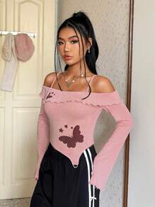 SHEIN MOD Women Butterfly Print Open Shoulder T-Shirt - Pink - View 5