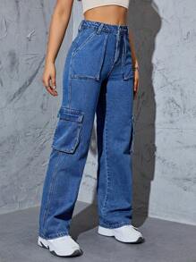 Flap Pocket Side Cargo Jeans - Medium Wash - View 1