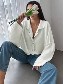 EURMUSE Solid Drop Shoulder Button Up Cardigan - Beige - View 1