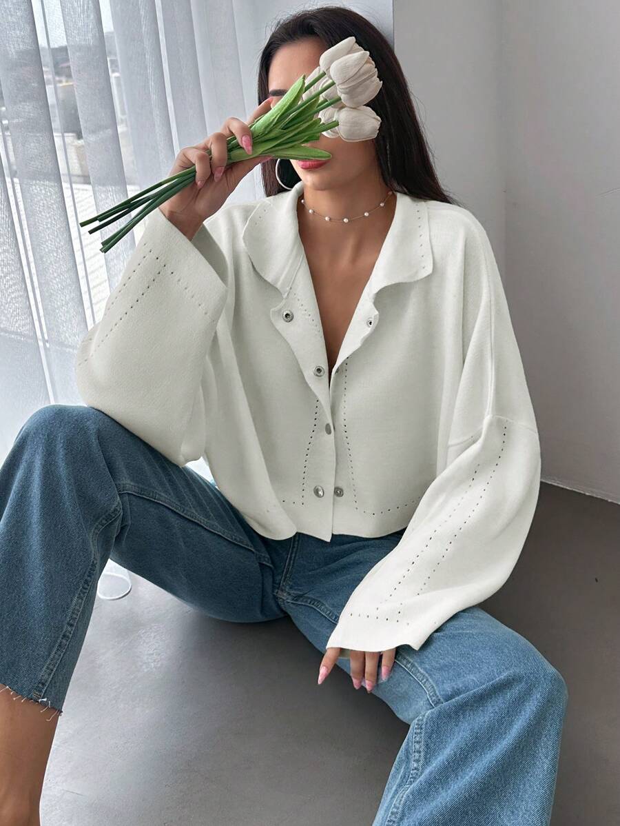 EURMUSE Solid Drop Shoulder Button Up Cardigan - Beige - View 1