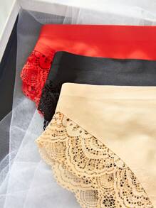3pcs Solid Color Lace Splicing Triangle Panties Lingerie