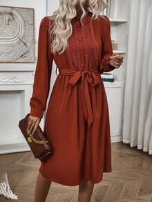 SHEIN LUNE Ren Nối Single-breasted Váy có thắt lưng - Rỉ Nâu - Xem 4