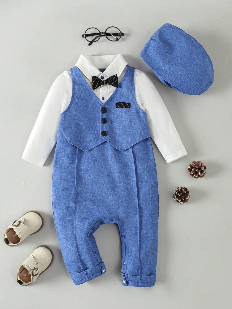 Infant Boys' Gentleman Style 2 In 1 Vest Bowtie Jumpsuit+ Hat Set