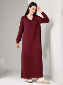 Mulvari Burgundy Red Women's Long Sleeve Sweatshirt Dress,Long Sleeve Tops - Burgundy - View 1