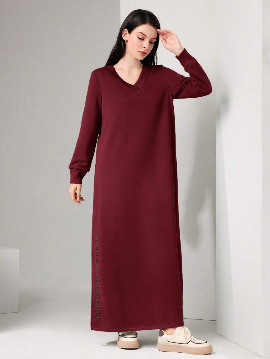 Mulvari Burgundy Red Women's Long Sleeve Sweatshirt Dress,Long Sleeve Tops - Burgundy - View 1