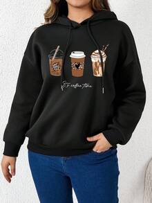 SHEIN LUNE Áo nỉ nữ cỡ lớn màu cà phê in chữ, có dây rút. - màu đen - Xem 4