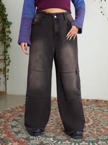 ROMWE PUNK Kích thước lớn Của phụ nữ Cargo Phong cách Quần denim Với Túi - màu đen - Xem 5