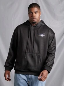 Manfinity LEGND Sudadera Con Capucha De Talla Grande Para Hombre Con Bolsillo Canguro Y Estampado De Letras - Negro - Ver 2