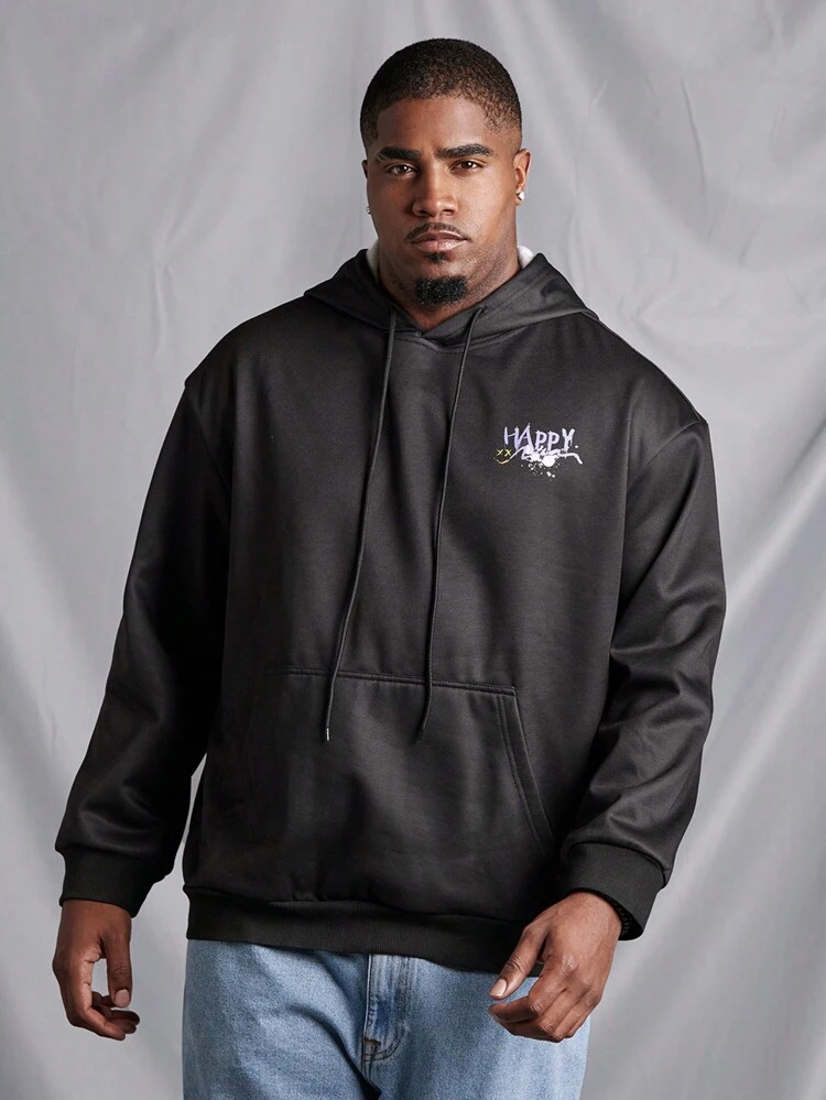 Men's Plus Size Hooded Sweatshirt With Kangaroo Pocket And Letter Print