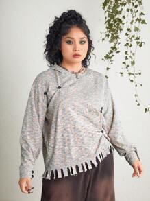 ROMWE PUNK Plus Size Marble Knit Button Decorated Sweater - Multicolor - View 3