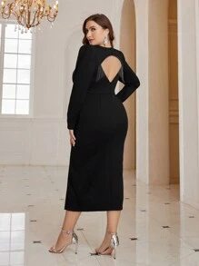 SHEIN Belle Plus Size Women's Metallic Fringe Backless Party Dress - Teal Blue - View 2