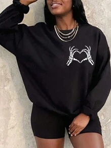 INAWLY 女士骷髏和手印花絨毛衣 - 黑色 - 查看 1