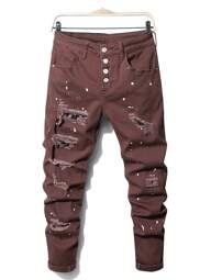Manfinity LEGND Men's Frayed Distressed Ripped Jeans With Ink-splatter Print And Button Fly Closure