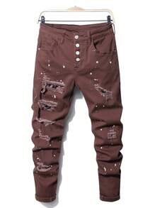 Manfinity Roughcore Men's Frayed Distressed Ripped Jeans With Ink-splatter Print And Button Fly Closure - Coffee Brown - View 1