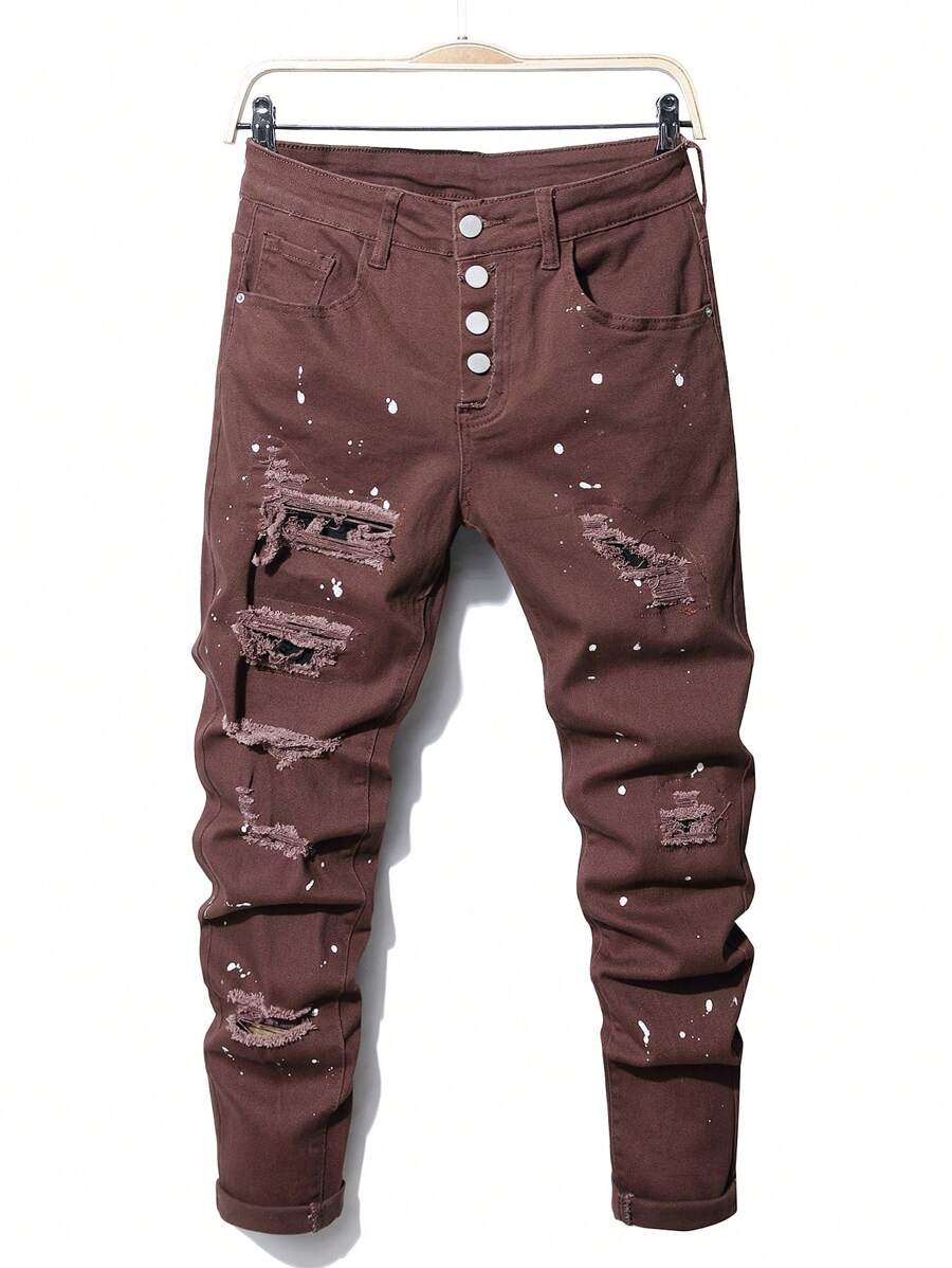 Manfinity Roughcore Men's Frayed Distressed Ripped Jeans With Ink-splatter Print And Button Fly Closure - Coffee Brown - View 1