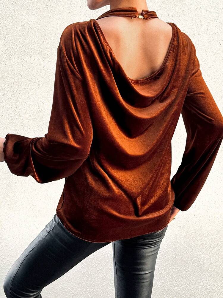 Women's Solid Color Lantern Sleeve Open Back Long Sleeve Blouse