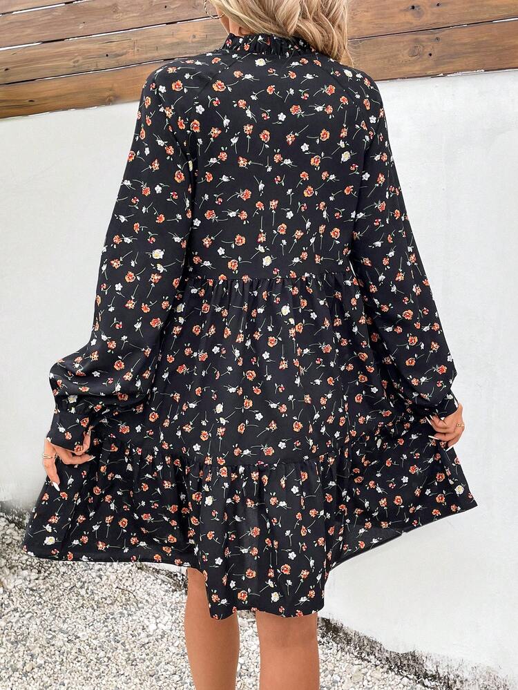 Women's V-Neck Casual Fashionable Floral Print Dress Winter Vacation Black Flower