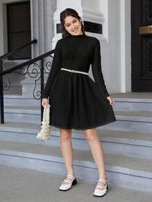 Cô gái Thanh lịch & Giải trí Đứng cổ áo Tay áo dài Đầm - màu đen - Xem 3