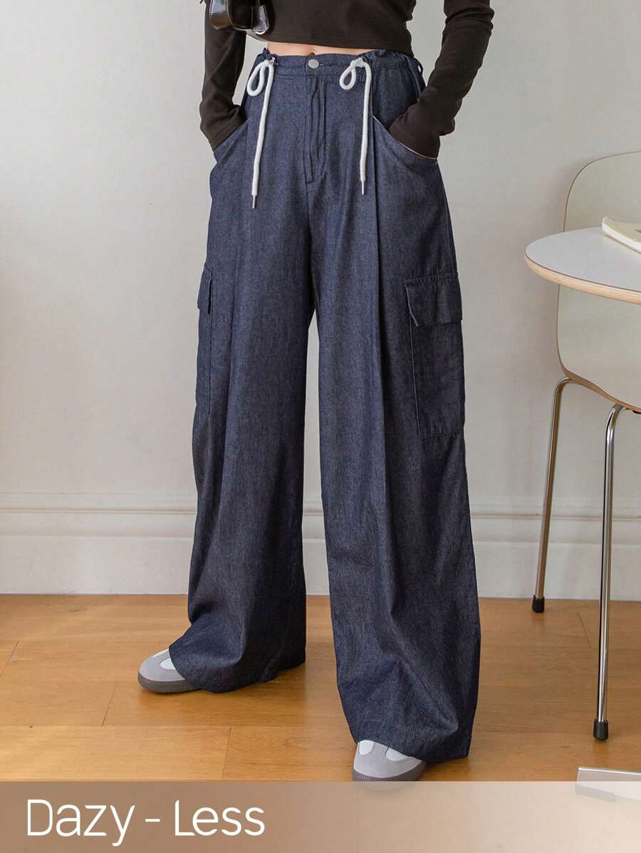 DAZY Drawstring Waist Cargo Wide Leg Denim Pants Baggy Jeans - Dark Wash - View 1