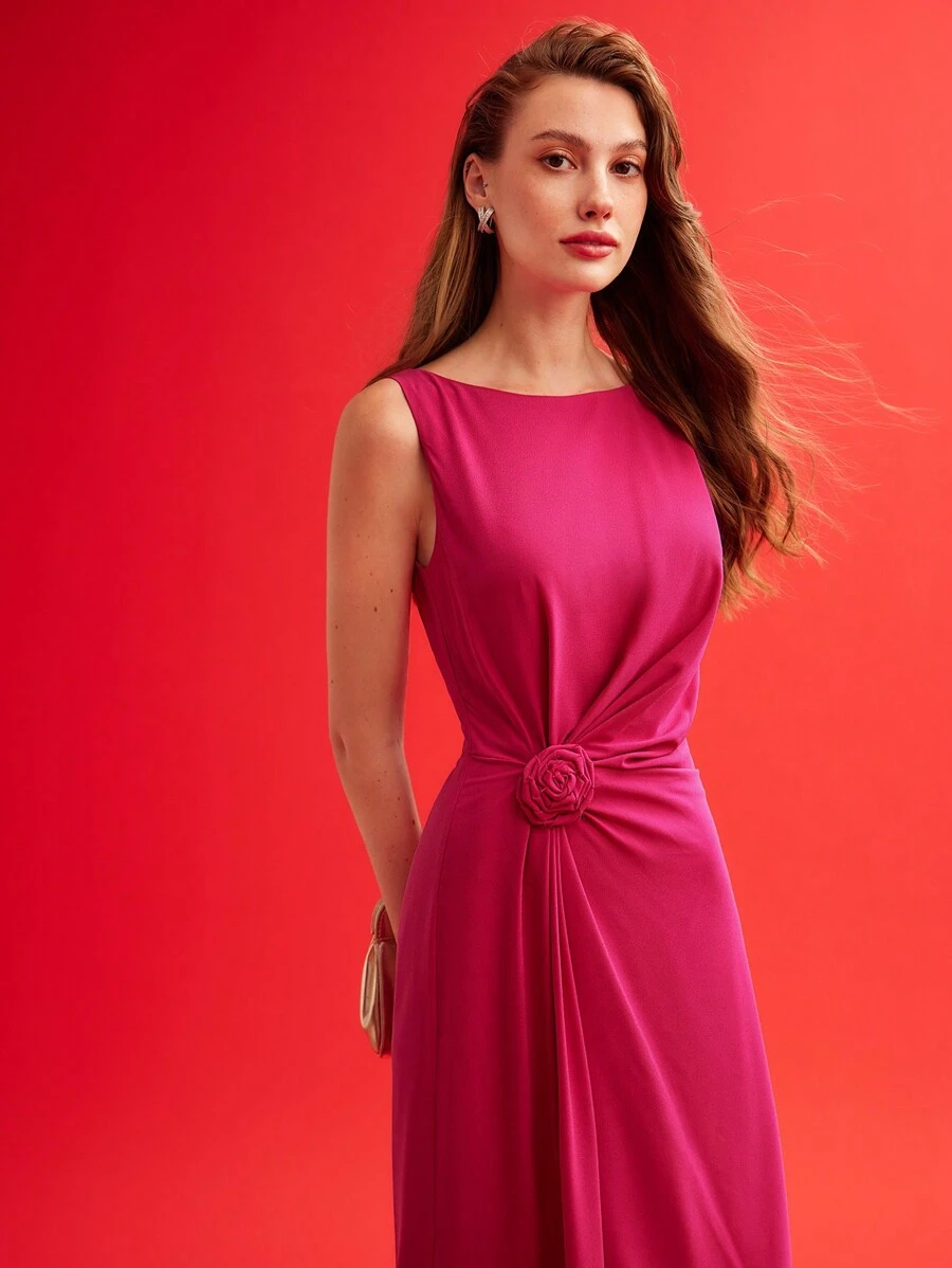 MOTF PREMIUM 编织女士褶饰立体花朵纯色连衣裙，情人节装 - 玫紅色 - 查看 2