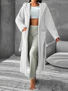 RueChic Hooded Robe With Belt And Pockets For Home Wear - White - View 4