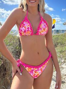 Swim Mod Summer Beach Flower Print Frill Detail Two-Piece Bikini Set With Random Print - Hot Pink - View 4