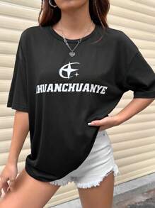 SHEIN Unity Của phụ nữ Lá thư In Ngắn tay Áo thun - màu đen - Xem 4