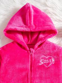 SHEIN 青少女連帽抓毛毛衣和印花運動長褲套裝 - 玫紅色 - 查看 4