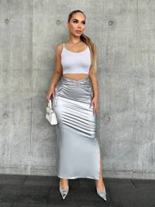 Zolique 女裝金屬褶皺高腰v形修身裙 - 銀色 - 查看 5