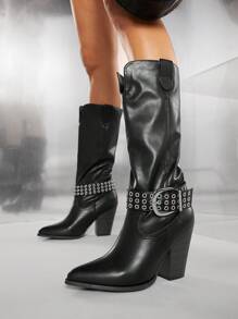 SHUZIA Women Belt Mid-Calf Boots, Cowboy Boots For Women - Black - View 5