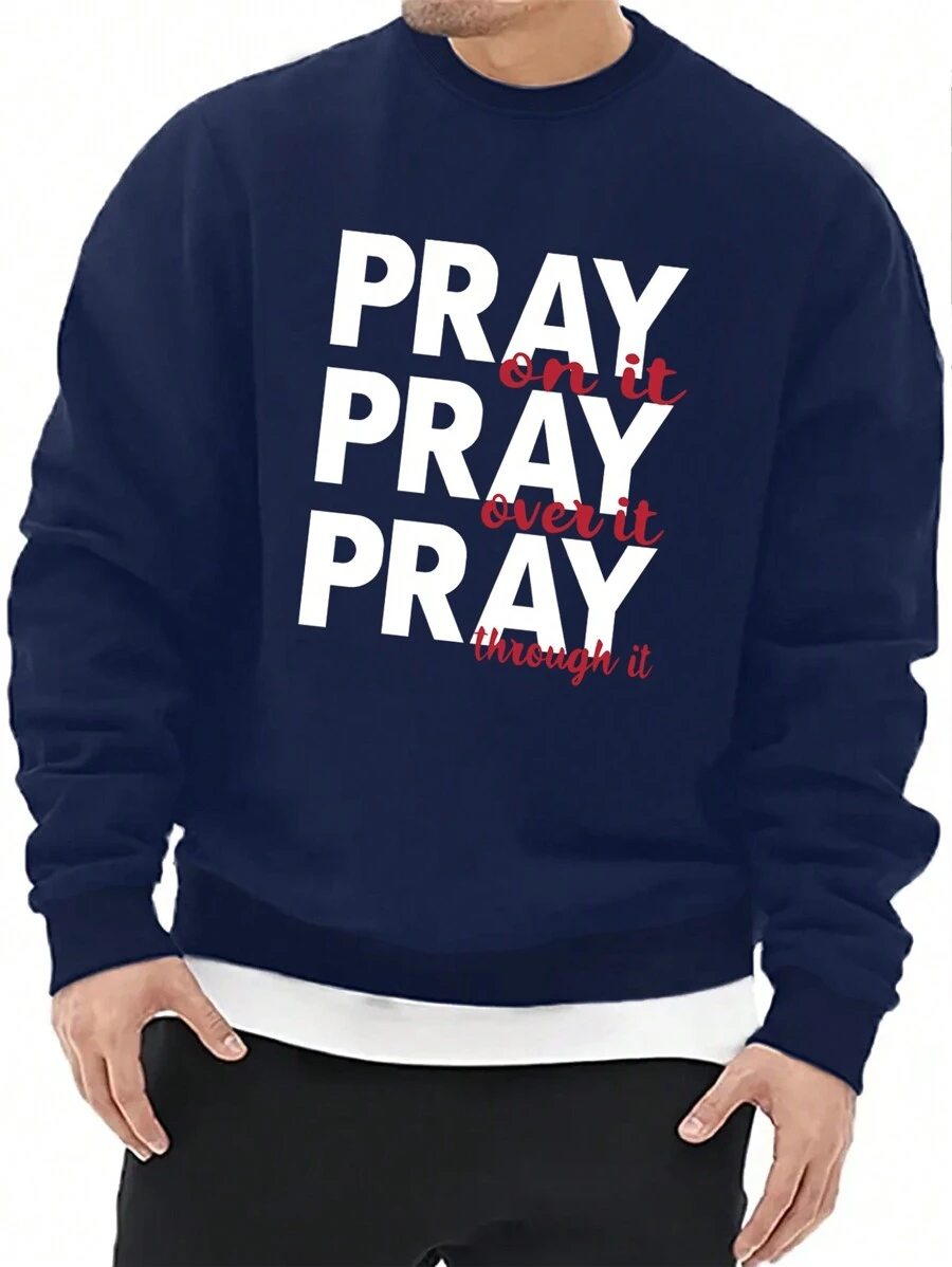 Sudadera De Hombre Con Cuello Redondo Y Estampado De Mensaje - Azul Marino - Ver 1