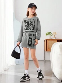 Girls' Knitwear Solid Color Letter Pattern Loose Round Neck Top With Knit Loose Shorts Set - Light Grey - View 4