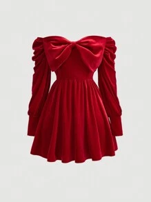 SHEIN MOD Women's Off Shoulder Dress With Bow Decoration - Red - View 1