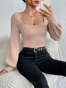 SHEIN Privé Cổ vuông Tay áo lồng đèn Áo len - Hồng - Xem 4