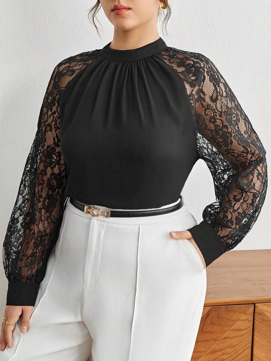 BizChic Hơn Ren tương phản Tay Raglan Cổ giả Áo sơ mi - màu đen - Xem 1