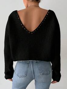 EURMUSE Maglione Oversize Da Donna Con Scollo A V Davanti E Dietro - nero - Visualizzare 2