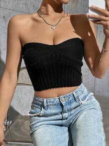 SHEIN Unity 女士無肩帶針織上衣 - 黑色 - 查看 5