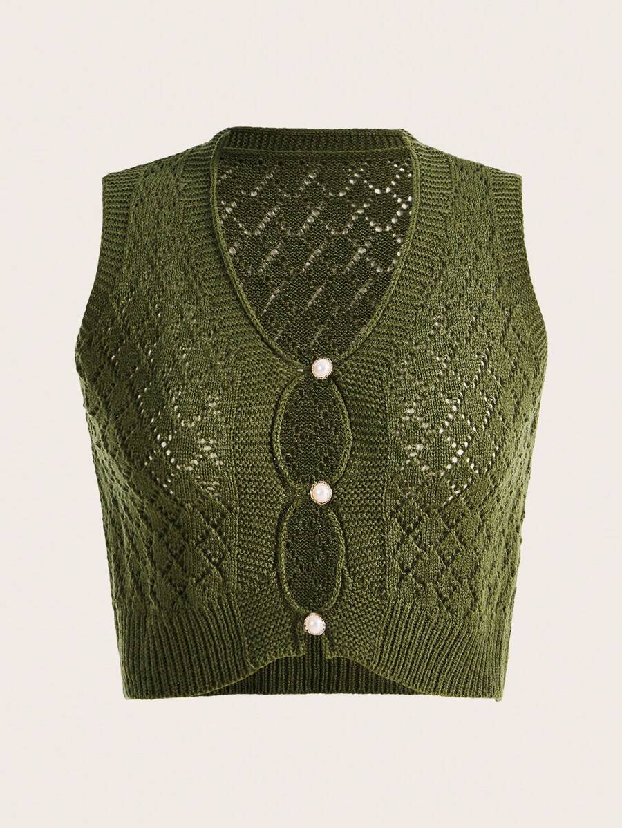 ROMWE PUNK 1 Miếng Nút phía trước Dệt kim chấm bi Áo len vest - xanh quân đội - Xem 1